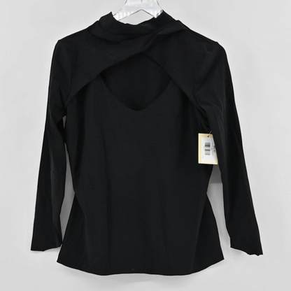 Lynn's Closet Boutique black Chiara Boni long sleeve top with a high neckline and stylish front cutout detail