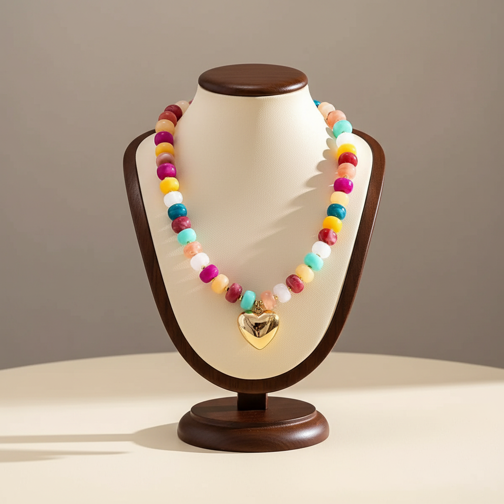 Lynn's Closet Boutique chunky acrylic bead necklace with a gold-tone heart pendant on a display bust
