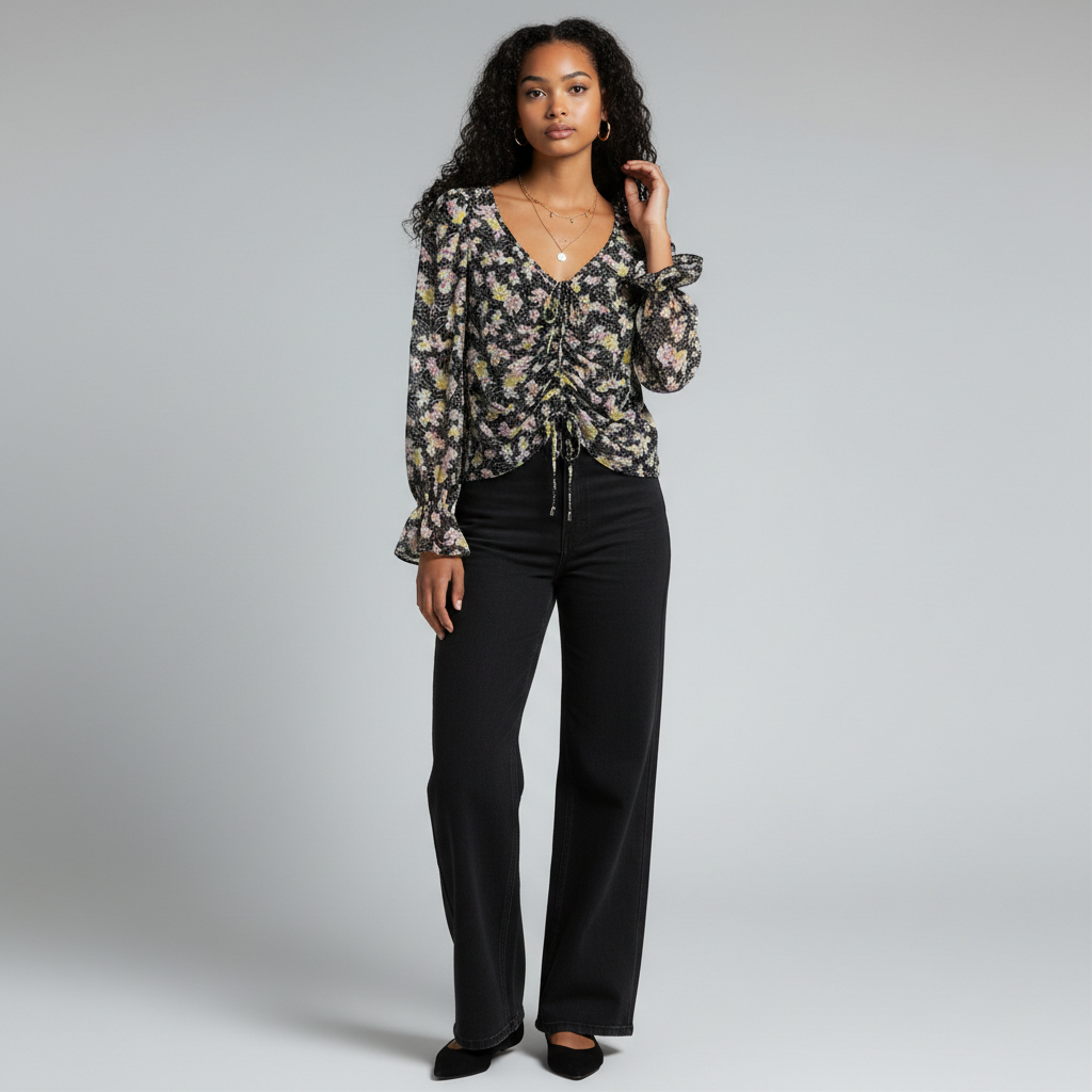 Lynn's Closet Boutique Cinq a Sept floral top with ruched front, V-neck, and ruffle cuffs worn with black jeans