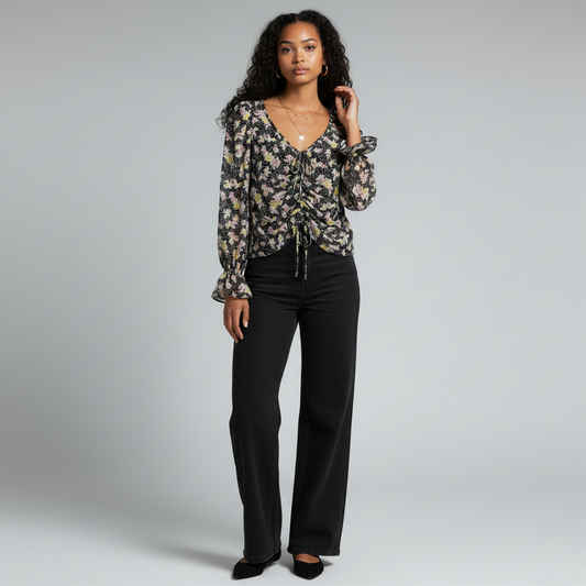 Lynn's Closet Boutique Cinq a Sept floral top with ruched front, V-neck, and ruffle cuffs worn with black jeans
