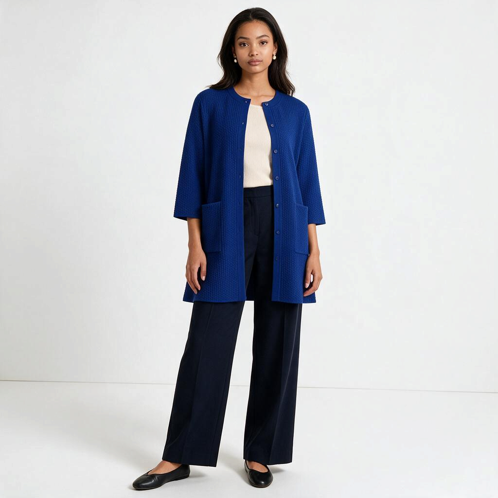 Model wearing a Lynn's Closet Boutique cobalt blue textured knit cardigan with patch pockets and a button-front closure.
