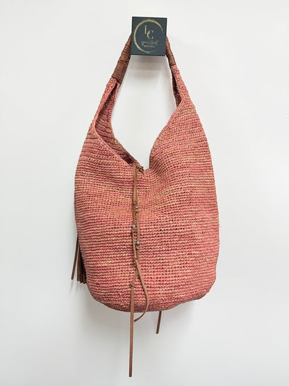 Lynn's Closet Boutique Polo Ralph Lauren coral raffia hobo bag with braided leather handle and tassel detail