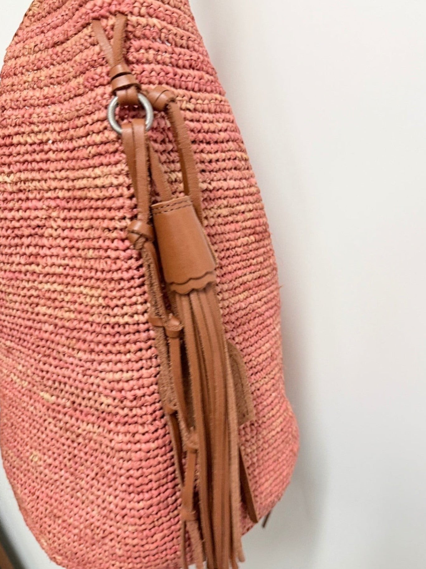 Lynn's Closet Boutique Polo Ralph Lauren coral raffia hobo bag with brown leather tassel detail