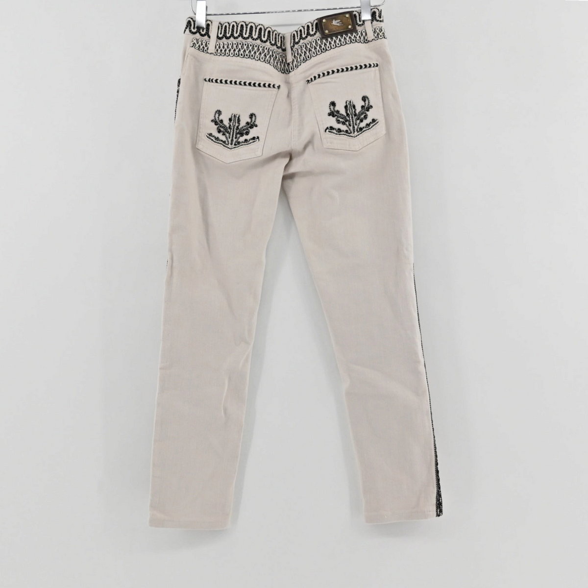 Lynn's Closet Boutique cream Etro pants with intricate black embroidery on the waistband and back pockets.