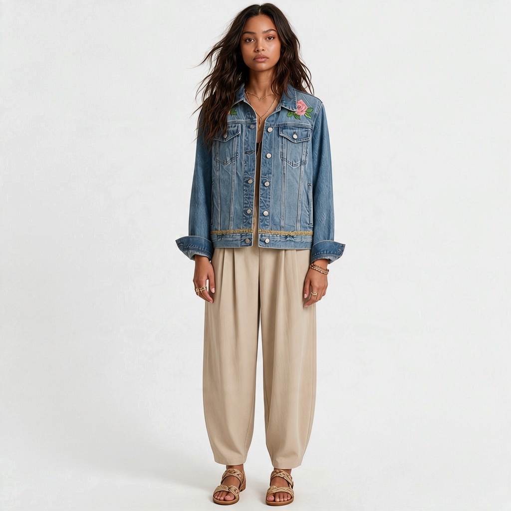 Model wearing a Lynn's Closet Boutique custom J.Crew blue denim jacket with pink rose embroidery and gold trim