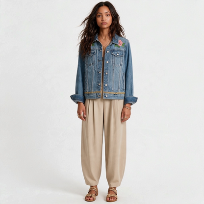 Model wearing a Lynn's Closet Boutique custom J.Crew blue denim jacket with pink rose embroidery and gold trim