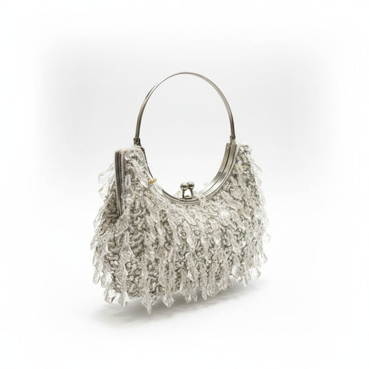 Lynn's Closet Boutique dangle beaded evening bag with clear crystals and silver hardware. Features a clasp closure and a metal handle.