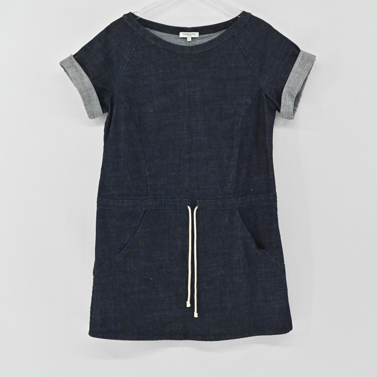 Lynn's Closet Boutique dark wash denim dress with cuffed short sleeves, round neckline, and drawstring waist.