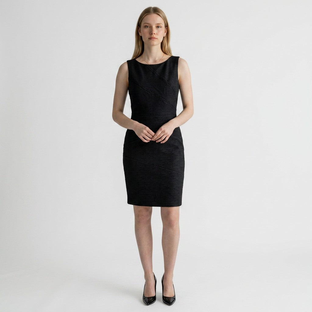 Lynn's Closet Boutique David Meister black sleeveless mini dress with textured diagonal seams on a model