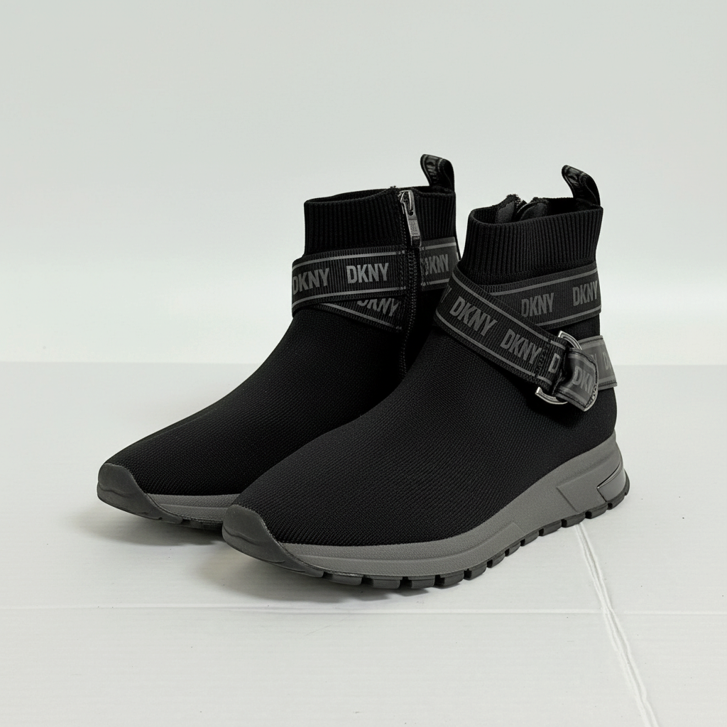 Lynn's Closet Boutique DKNY Miley black knit high-top sneakers with logo strap, side zip, and lugged rubber sole.