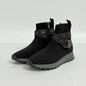Lynn's Closet Boutique DKNY Miley black knit high-top sneakers with logo strap, side zip, and lugged rubber sole.