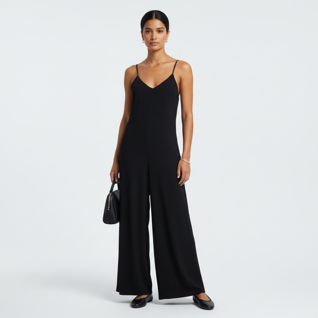 Model wearing an Eileen Fisher black V-neck jumpsuit with spaghetti straps from Lynn's Closet Boutique