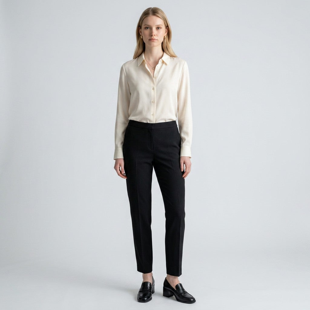 Lynn's Closet Boutique Eileen Fisher black tapered ankle pants worn by a model with a cream blouse and loafers