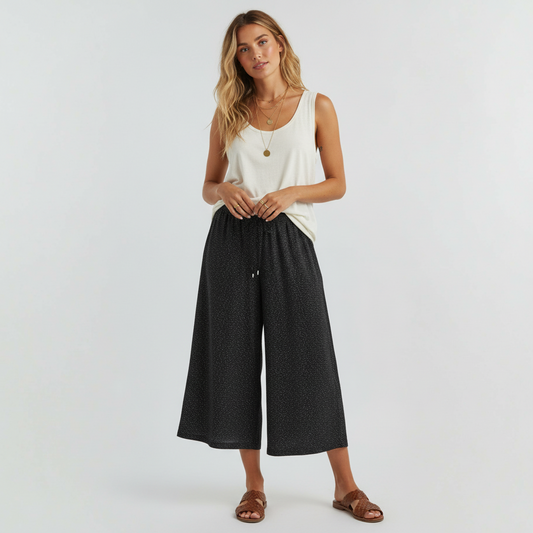 Lynn's Closet Boutique Eileen Fisher metallic black wide-leg cropped pants worn by a model with a white tank top