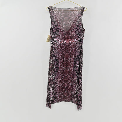 Lynn's Closet Boutique Elie Tahari sleeveless silk dress in purple and black with a decorative waist embellishment.