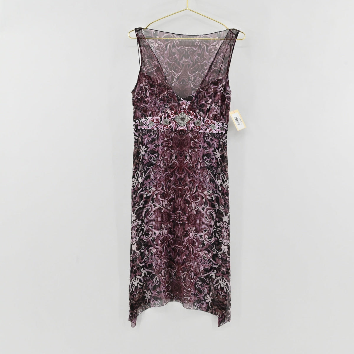 Lynn's Closet Boutique Elie Tahari sleeveless silk dress in purple and black with a jewel-toned waist embellishment.