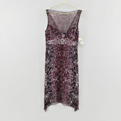 Lynn's Closet Boutique Elie Tahari sleeveless silk dress in purple and black with a jewel-toned waist embellishment.