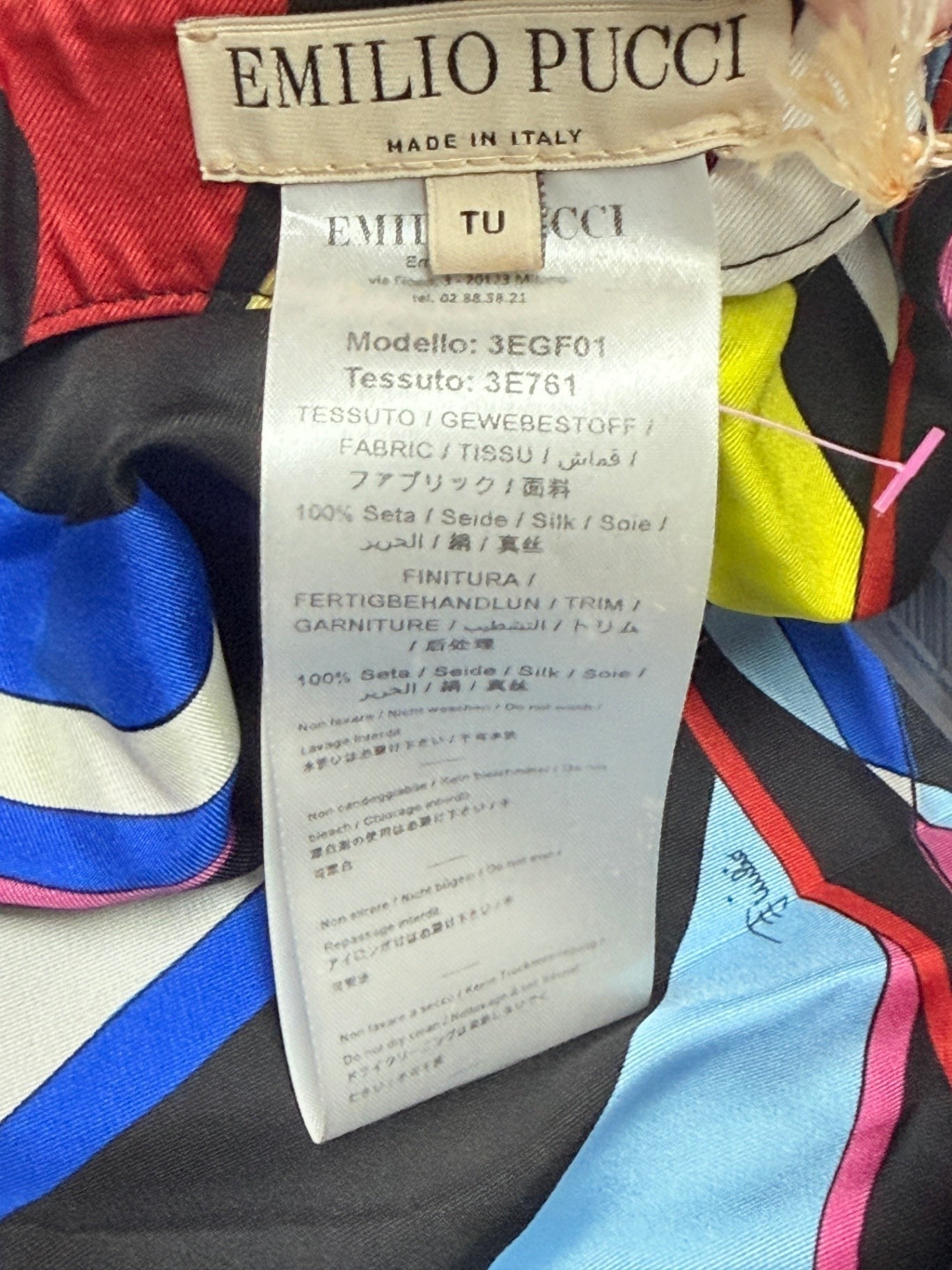 Lynn's Closet Boutique Emilio Pucci silk twill hat care label and signature logo tag on vibrant kaleidoscopic fabric