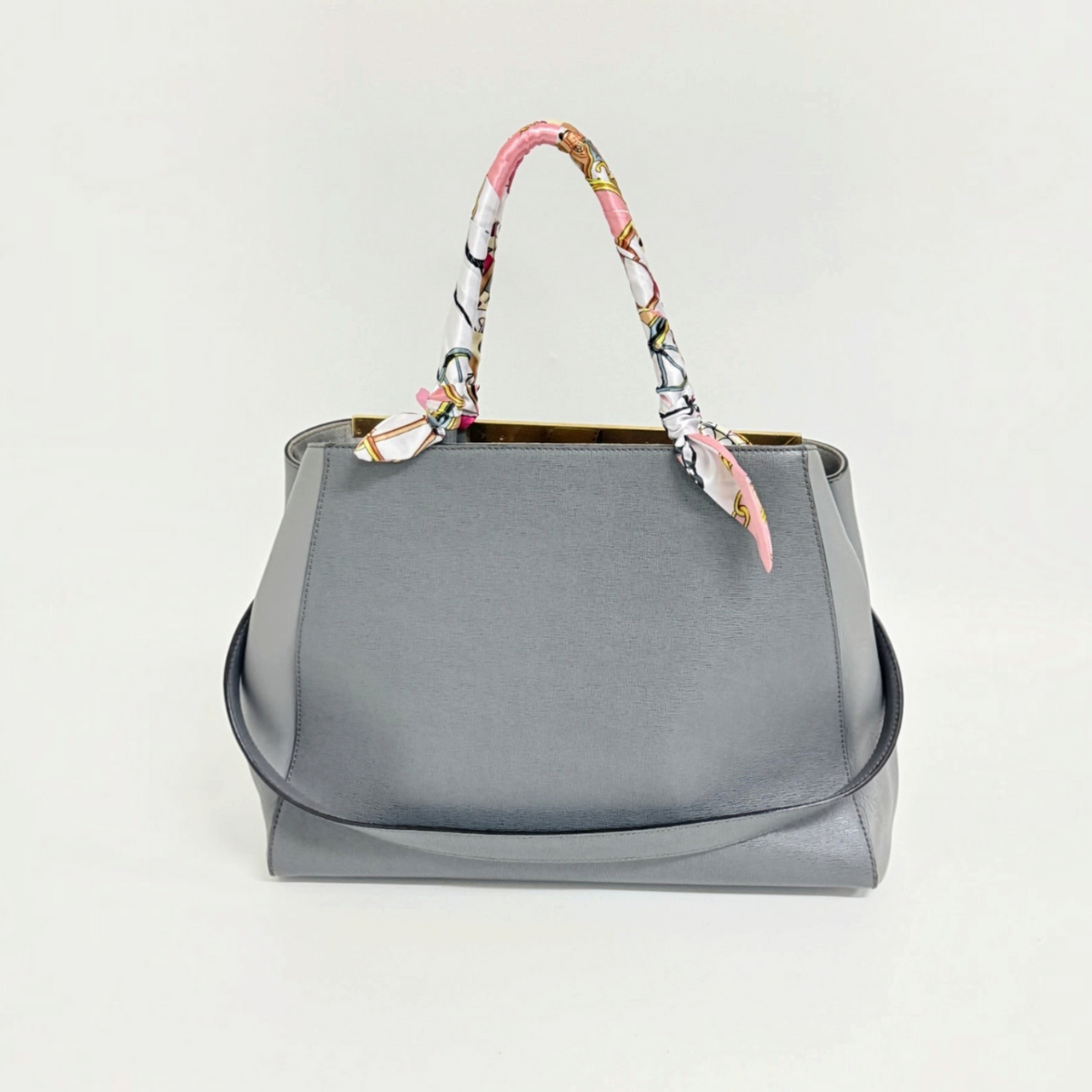Lynn's Closet Boutique gray leather Fendi 2Jours tote bag with decorative silk scarf wrapped around the handles