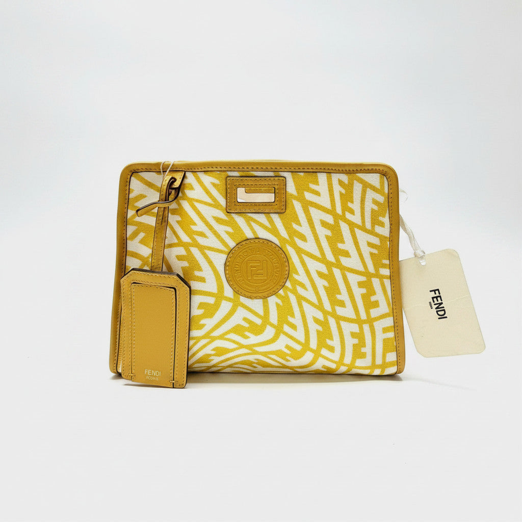 Lynn's Closet Boutique Fendi Peekaboo bag cover in yellow and white FF Vertigo canvas with leather trim and luggage tag