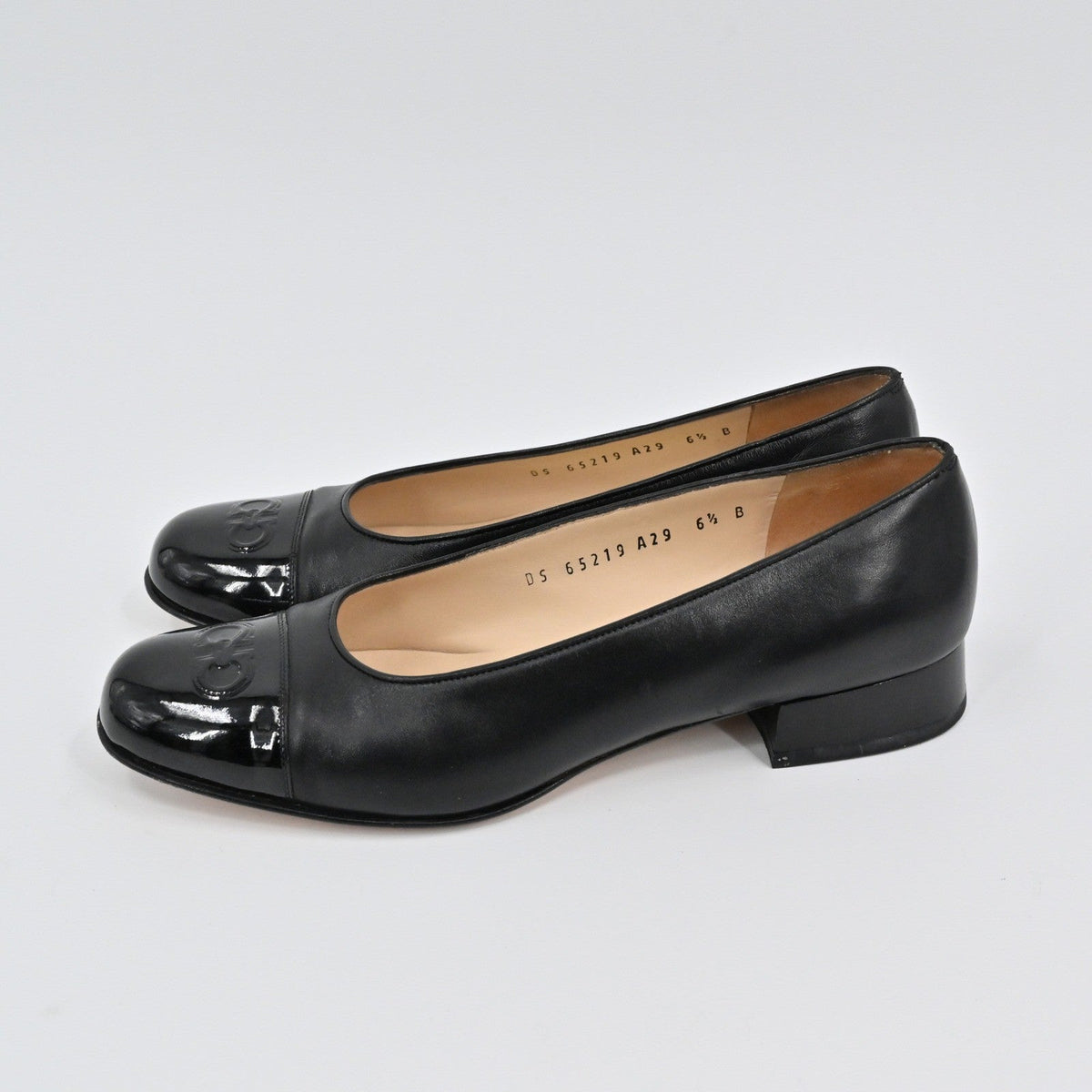 Lynn's Closet Boutique Salvatore Ferragamo black leather pumps with patent cap toe and low block heel