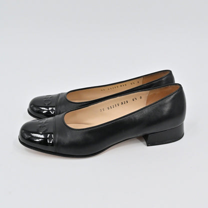 Lynn's Closet Boutique Salvatore Ferragamo black leather pumps with patent cap toe and low block heel