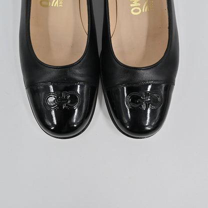 Lynn's Closet Boutique Salvatore Ferragamo black leather pumps with patent cap toe and iconic Gancini logo detail