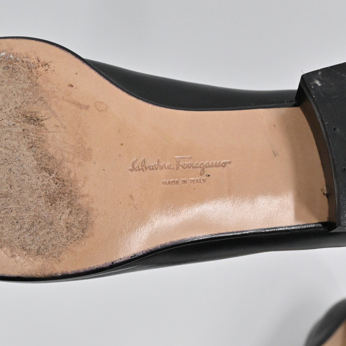 Lynn's Closet Boutique Salvatore Ferragamo pump shoe sole showing Made in Italy branding and low block heel
