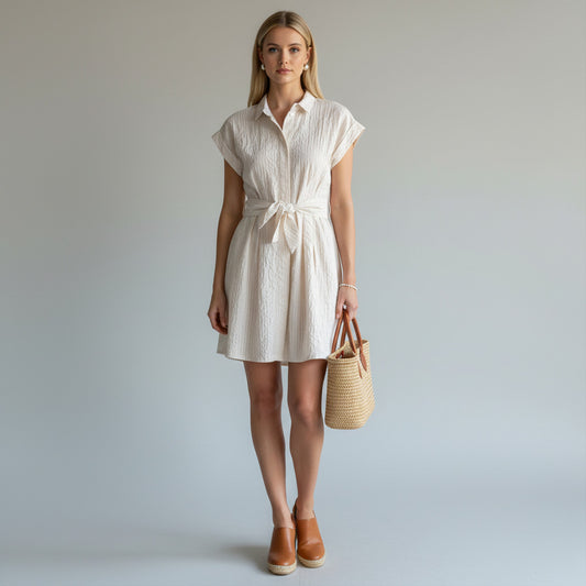 Lynn's Closet Boutique Finley striped textured cream short sleeve midi dress with tie waist.