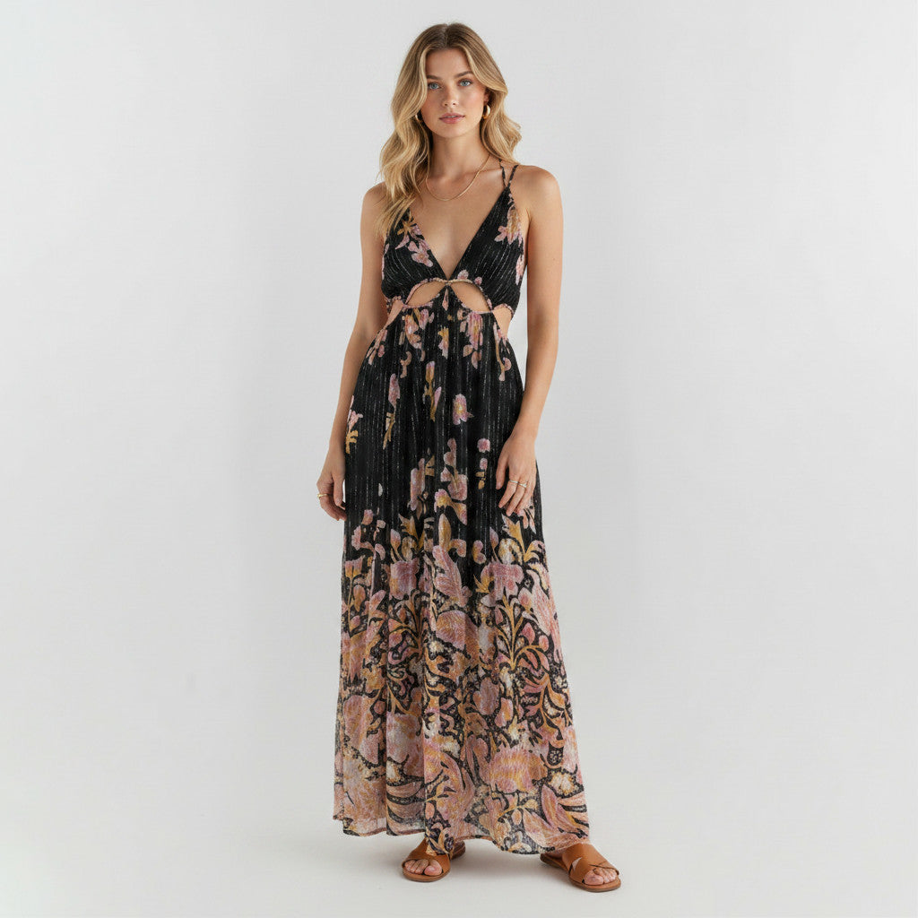 Lynn's Closet Boutique Anthropologie floral stripe maxi dress with side cutouts and thin straps on a blonde model