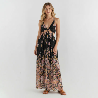 Lynn's Closet Boutique Anthropologie floral stripe maxi dress with side cutouts and thin straps on a blonde model