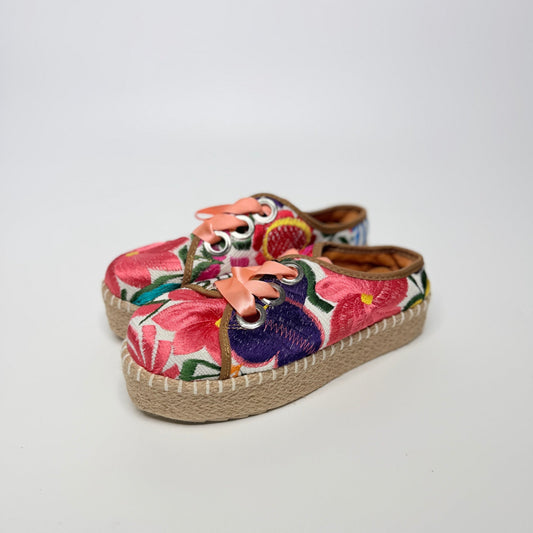 Lynn's Closet Boutique FreeDazz floral embroidered espadrilles with jute platform soles and pink ribbon laces.