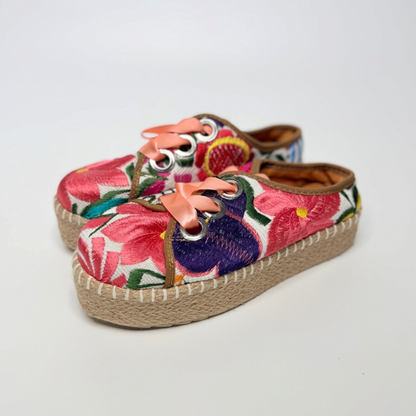Lynn's Closet Boutique FreeDazz floral embroidered espadrilles with peach ribbon laces and jute platform soles.
