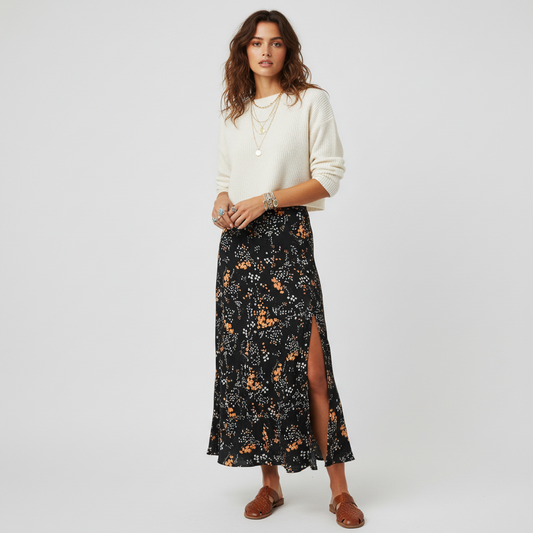 Model wearing a Lynn's Closet Boutique Zadig & Voltaire black floral midi skirt with a side slit and cream sweater.