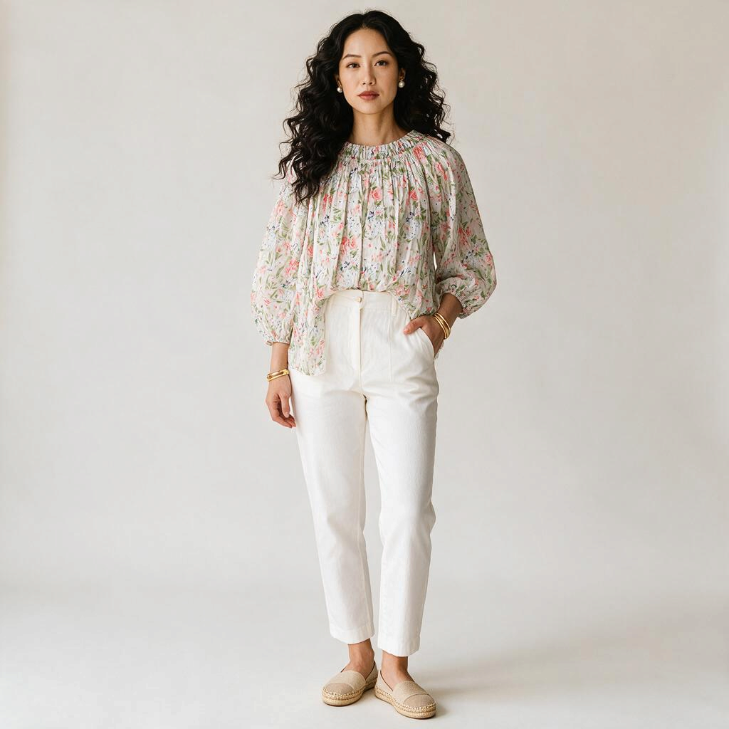 Model wearing Lynn's Closet Boutique floral smocked puff sleeve blouse with white trousers and espadrilles