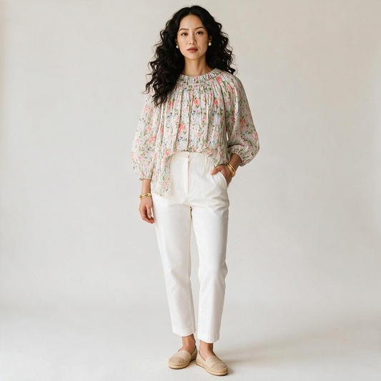 Model wearing Lynn's Closet Boutique floral smocked puff sleeve blouse with white trousers and espadrilles