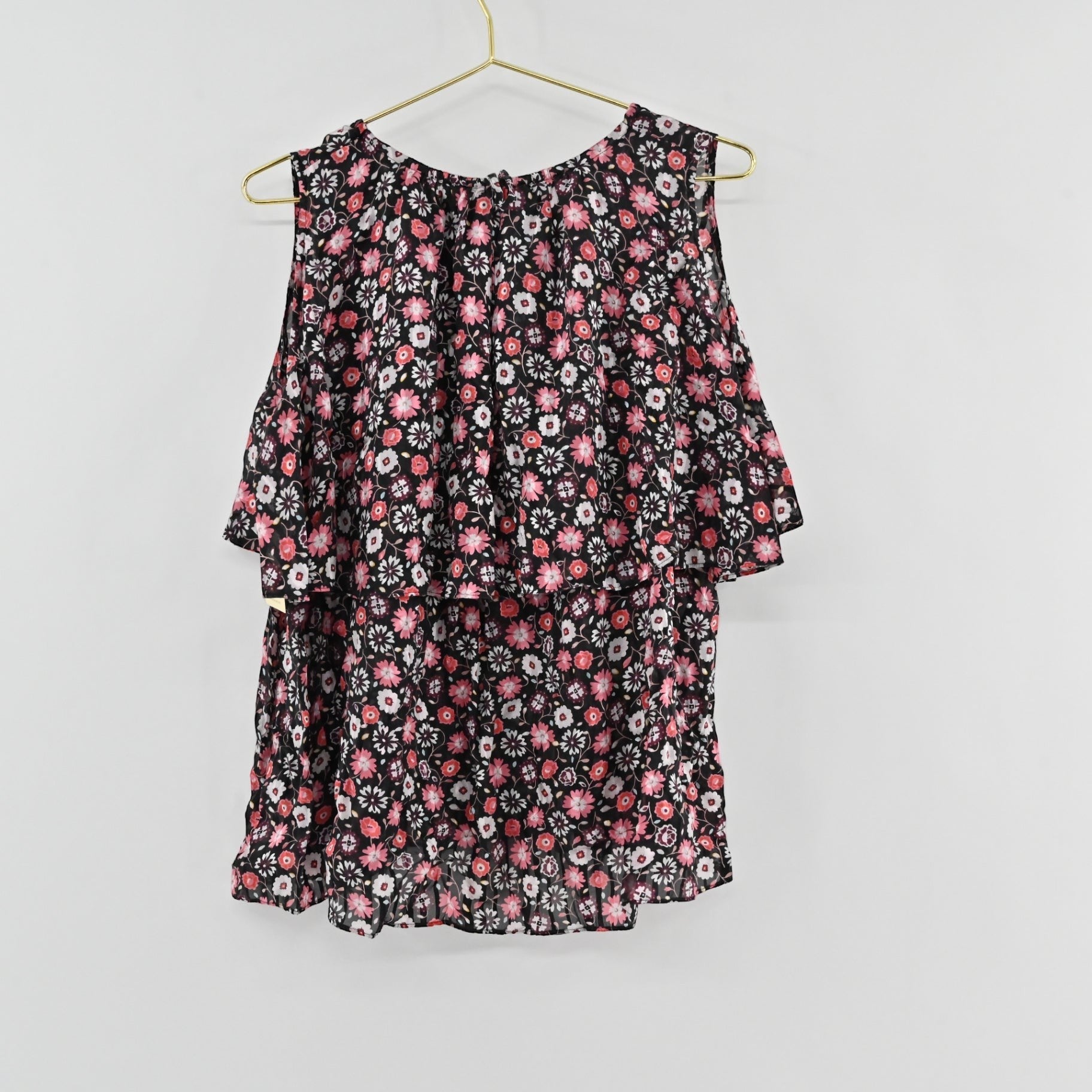 Lynn's Closet Boutique Kate Spade black floral silk top with tiered ruffle cold shoulder design