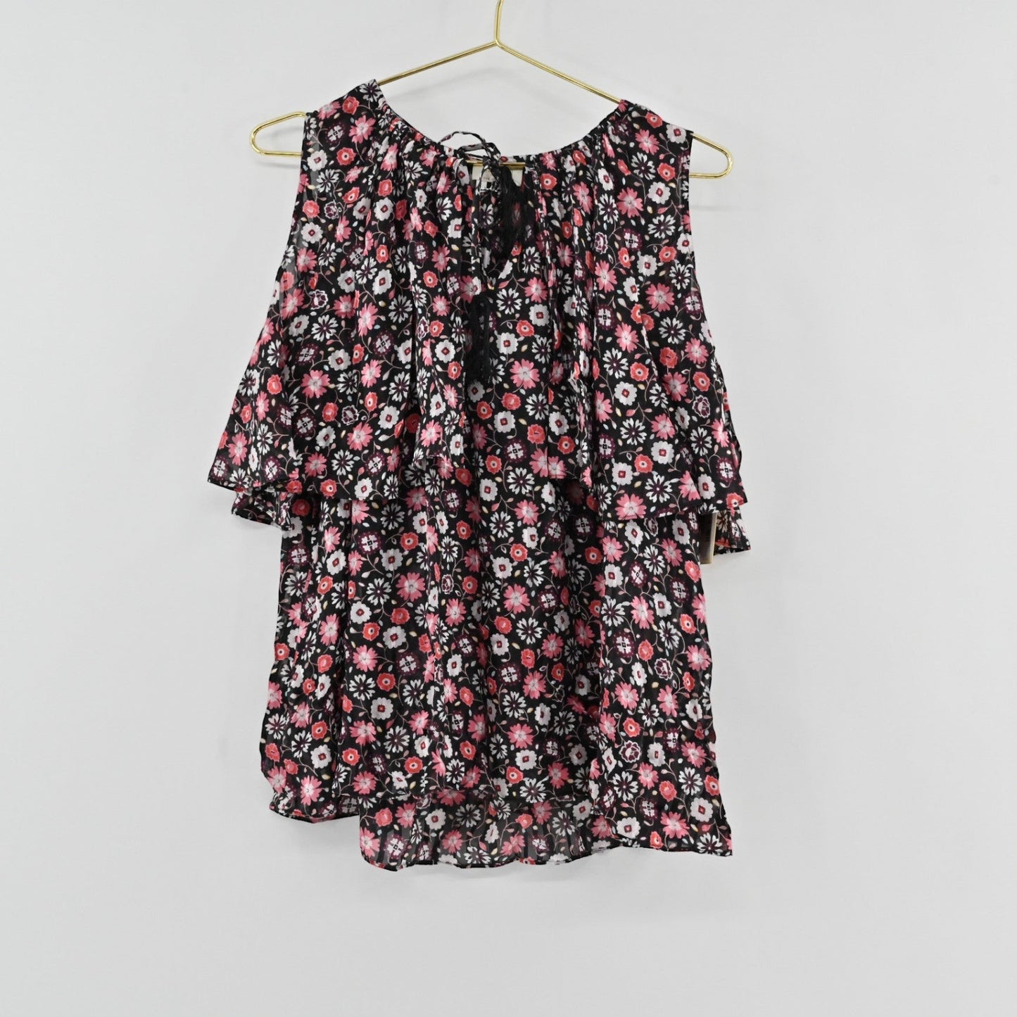 Lynn's Closet Boutique Kate Spade floral print silk top with cold shoulder cutouts and ruffled layers