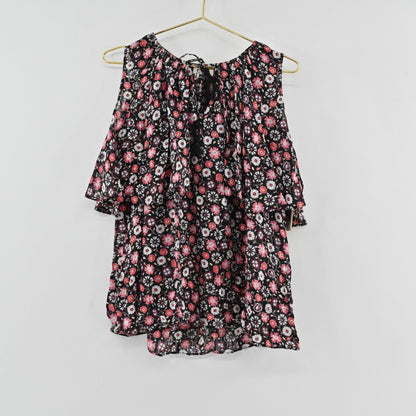 Lynn's Closet Boutique Kate Spade floral print silk top with cold shoulder cutouts and ruffled layers