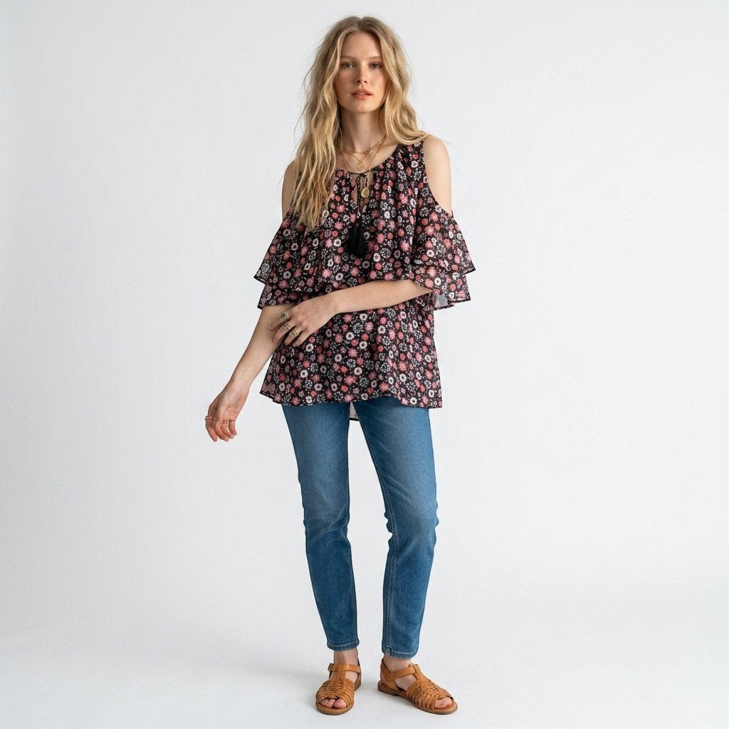 Model wearing a Lynn's Closet Boutique Kate Spade floral silk cold-shoulder top with ruffled sleeves and blue jeans.