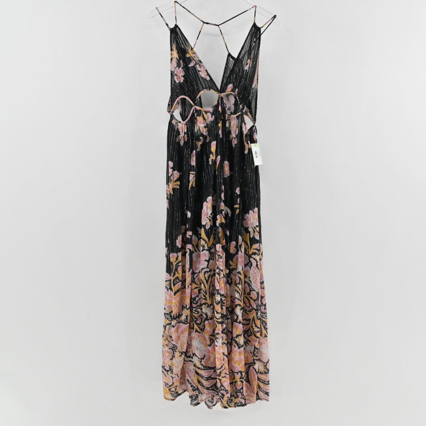 Lynn's Closet Boutique Anthropologie black floral stripe maxi dress with side cutouts and spaghetti straps.