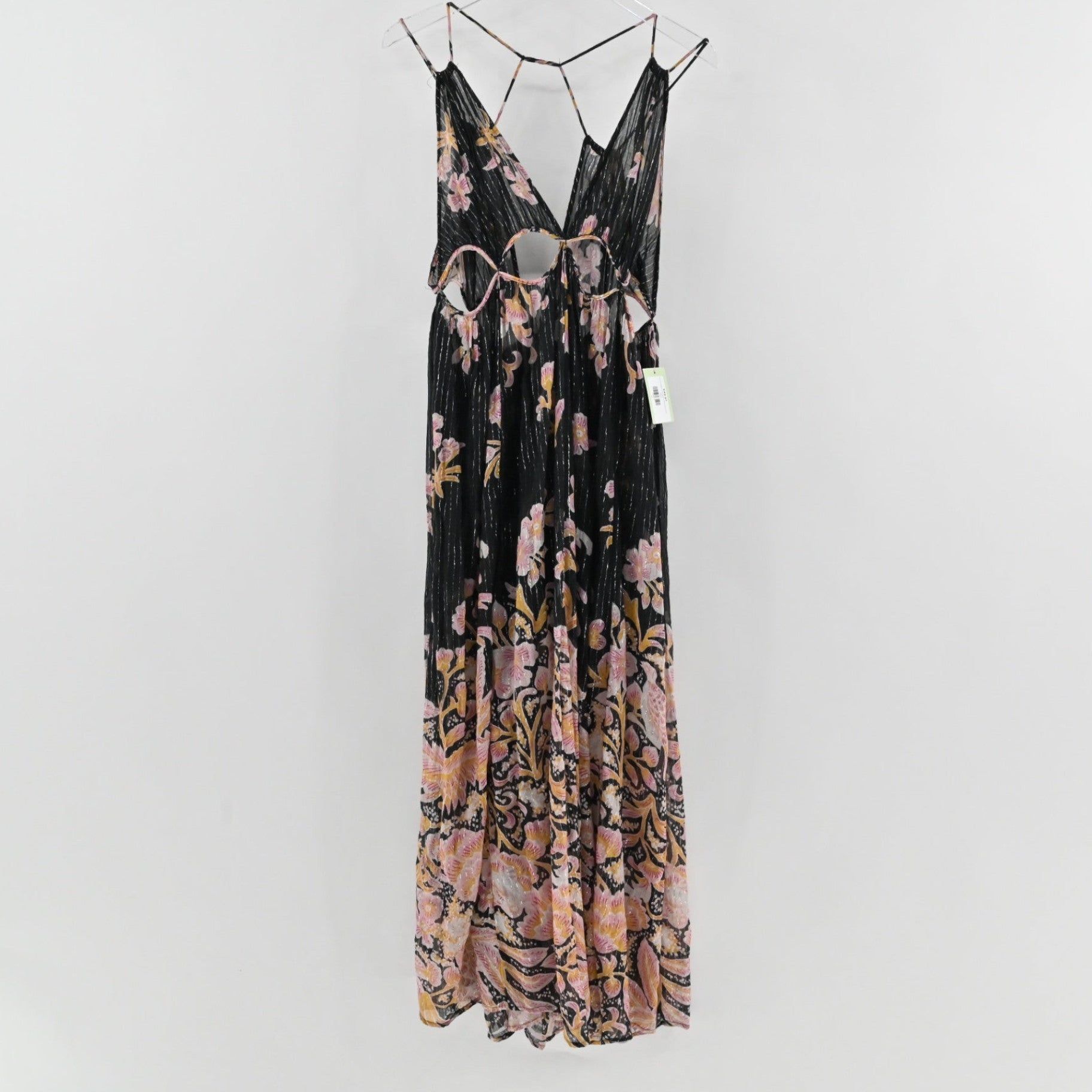 Lynn's Closet Boutique Anthropologie black floral stripe maxi dress with side cutouts and spaghetti straps.