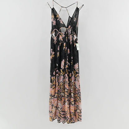 Lynn's Closet Boutique Anthropologie black floral stripe maxi dress with side cutouts and spaghetti straps.