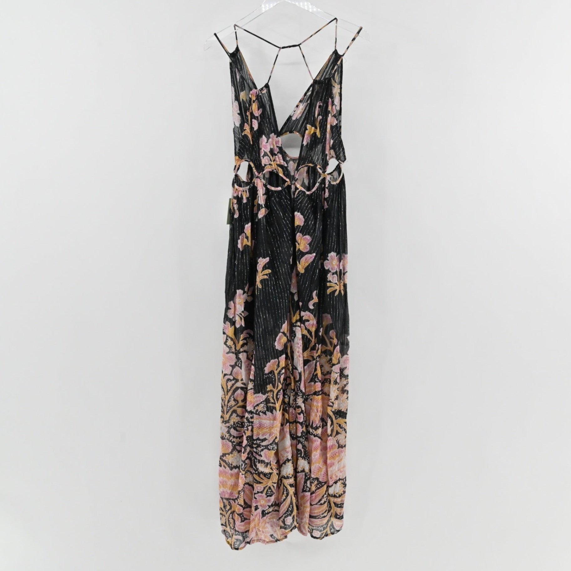 Lynn's Closet Boutique Anthropologie black maxi dress with floral stripe print, side cutouts, and spaghetti straps.