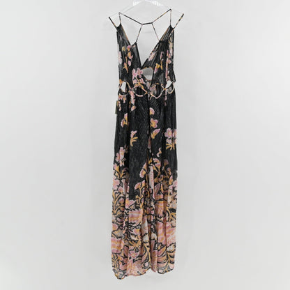 Lynn's Closet Boutique Anthropologie black maxi dress with floral stripe print, side cutouts, and spaghetti straps.
