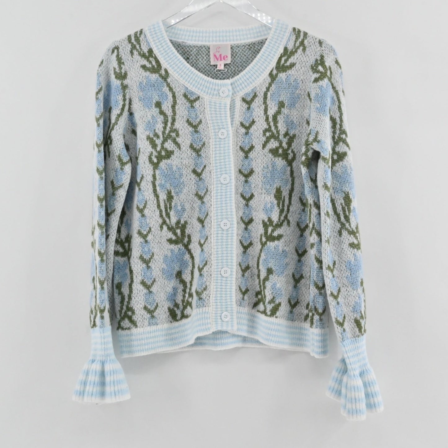 Lynn's Closet Boutique So Me floral wool cardigan in light blue and green with ruffled cuffs and button front