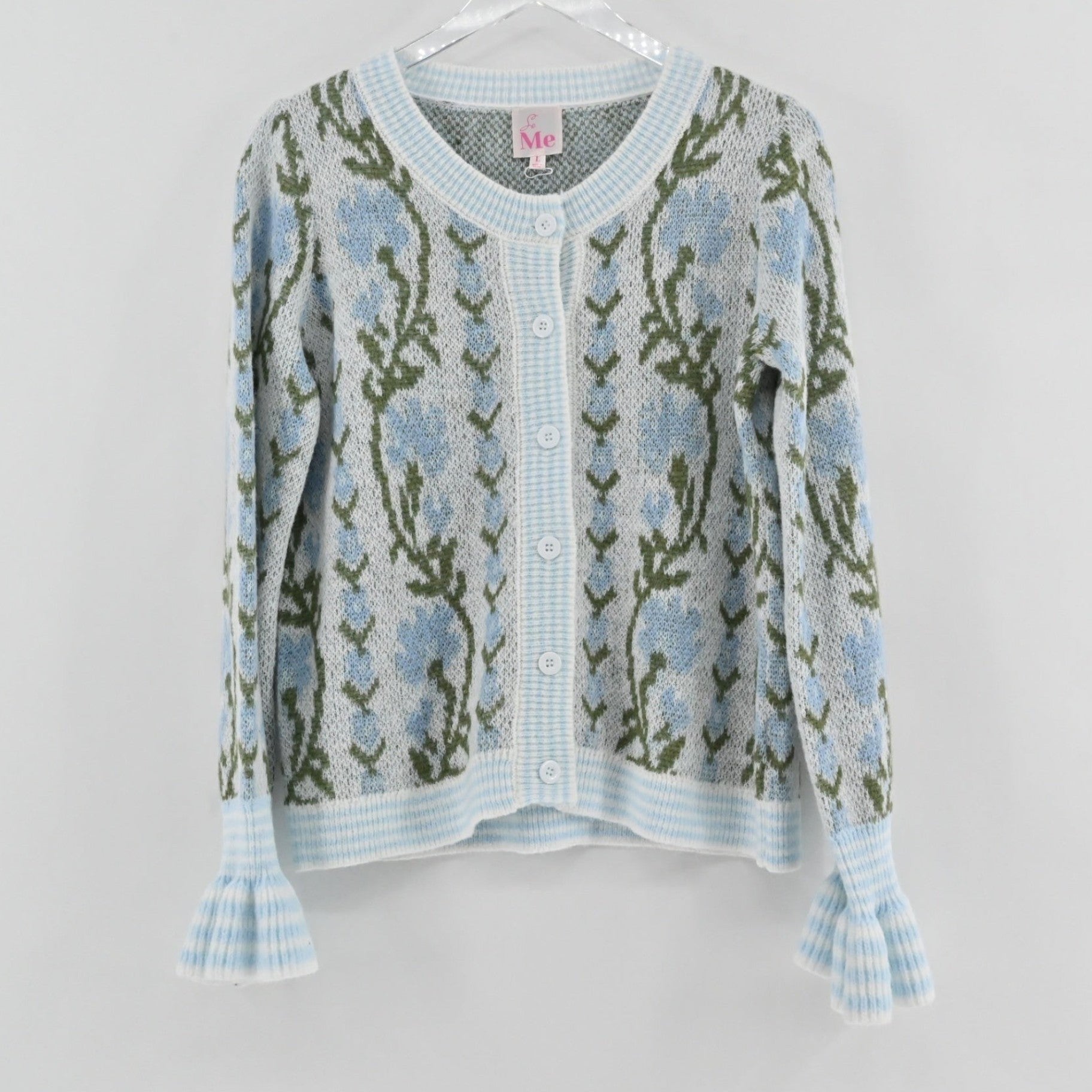 Lynn's Closet Boutique So Me floral wool cardigan in light blue and green with ruffled cuffs and button front