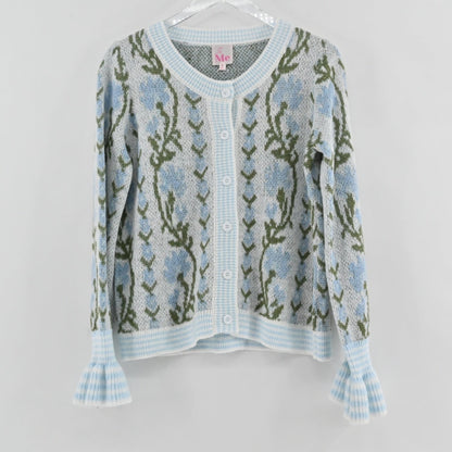 Lynn's Closet Boutique So Me floral wool cardigan in light blue and green with ruffled cuffs and button front