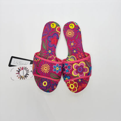 Lynn's Closet Boutique FreeDazz magenta fabric slides with vibrant multi-colored floral embroidery and size 7 tags