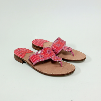 Lynn's Closet Boutique fuchsia and purple crocodile embossed leather Navajo sandals with whipstitch and floral details